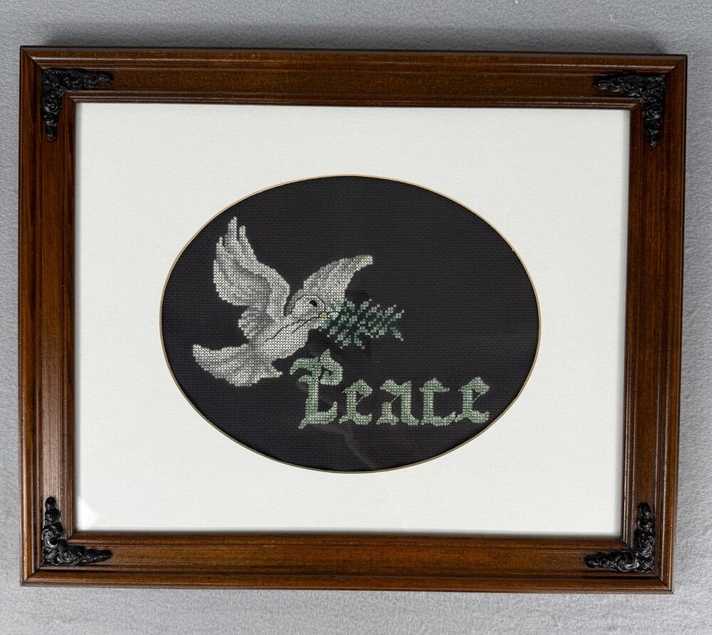 Finished Framed Cross Stitch Peace Dove Olive Branch Vintage Cottagecore Art